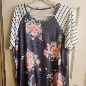 Floral Navy and White Striped Women's Top